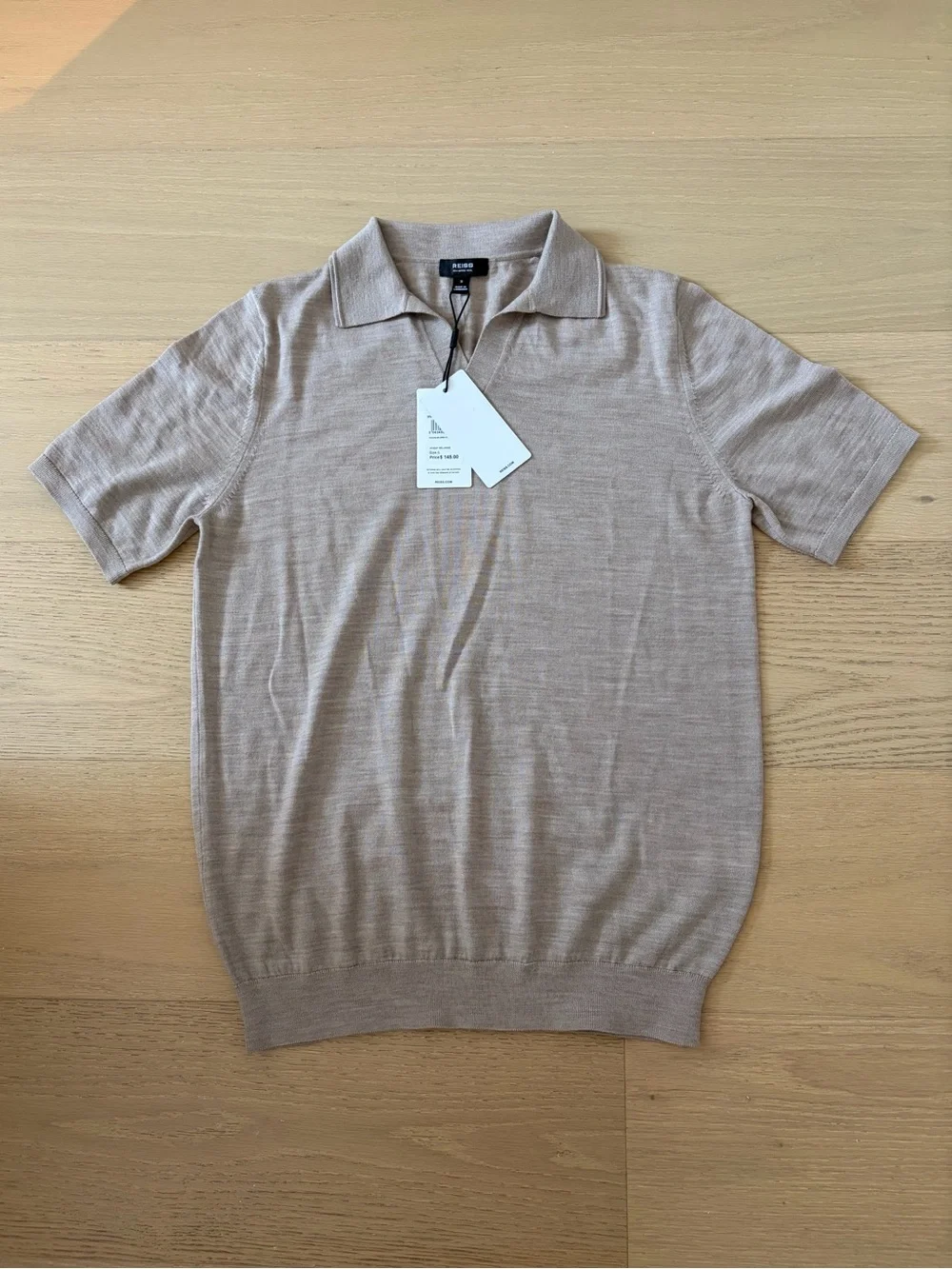 New Reiss Beige merino wool Knit Polo Shirt - Men's Short Sleeve